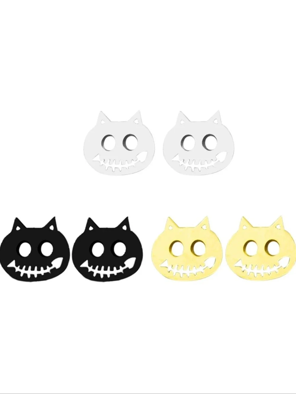 Kids Cat Face Stud Earrings - Black, Gold, Silver